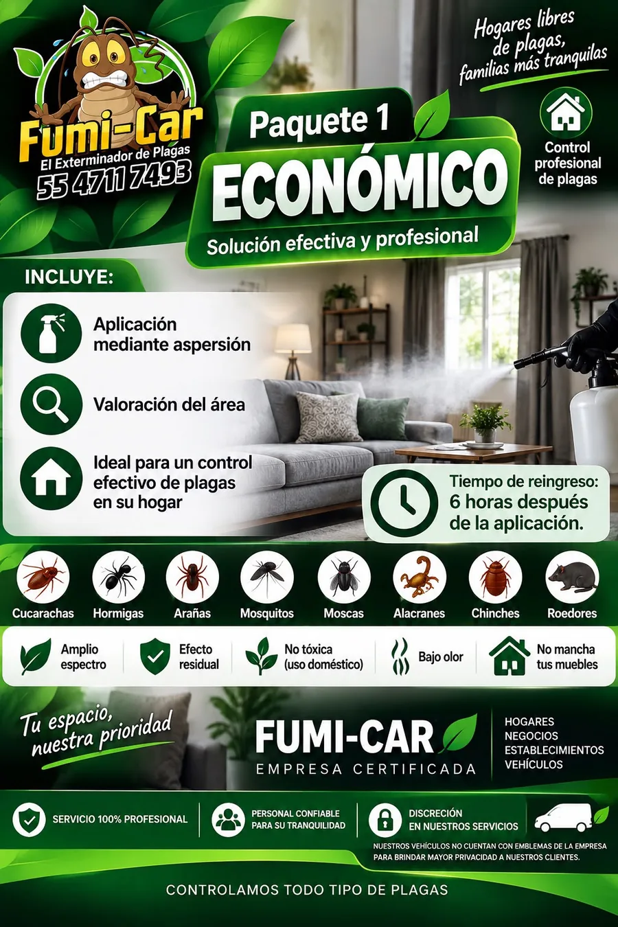 Flyer del Paquete 1 Económico de Fumi-Car con lo que incluye, plagas controladas y tiempo de reingreso