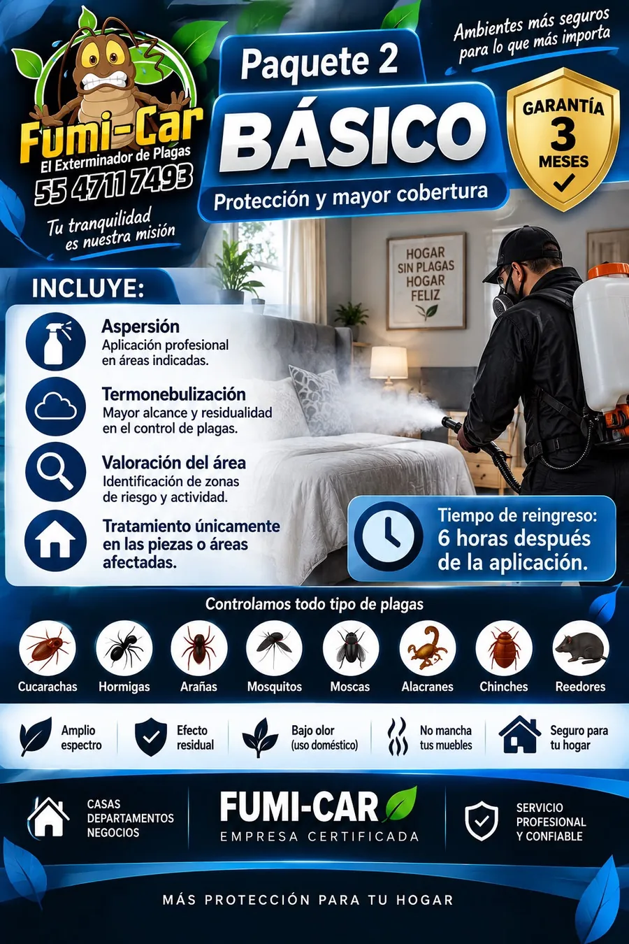 Flyer del Paquete 2 Básico de Fumi-Car con lo que incluye, plagas controladas y tiempo de reingreso