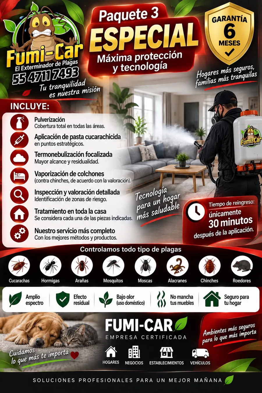 Flyer del Paquete 3 Especial de Fumi-Car con lo que incluye, plagas controladas y tiempo de reingreso